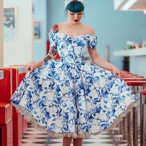 50s inspired Blue Floral full skirt Dress